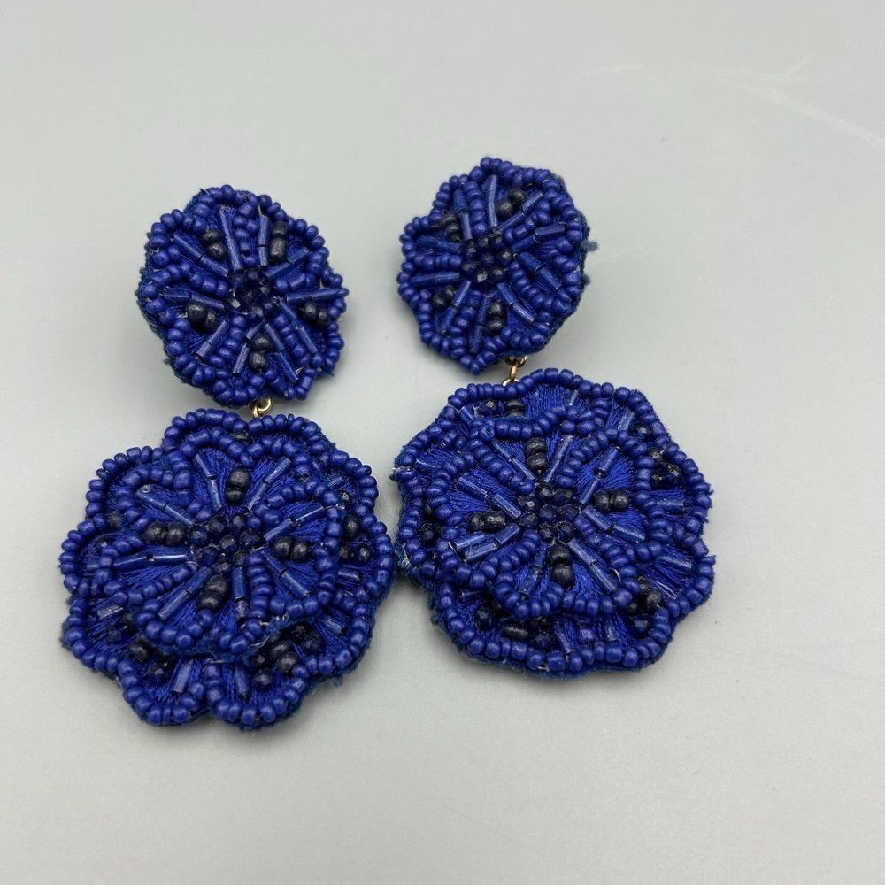 Blue Beaded Dangle Floral‎ Flower Piereced Ears Earrings